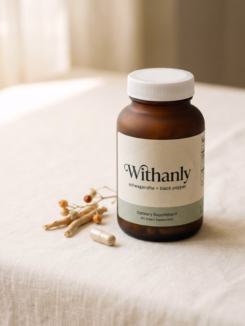 Withanly ashwagandha + black pepper bottle on cream linen with a sprig of dried root and a single capsule, soft window light