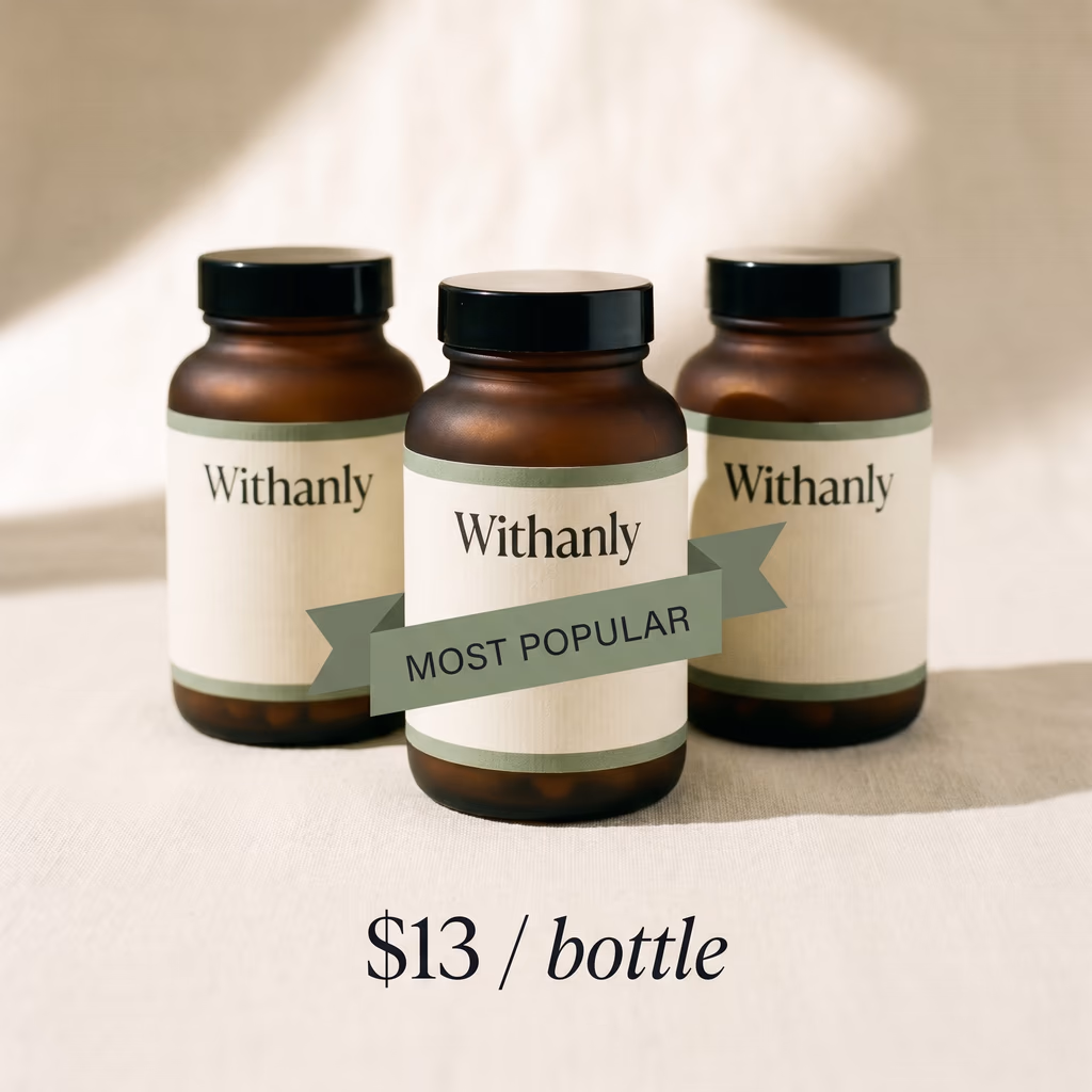Three Withanly bottles arranged in a soft fan layout on cream backdrop, sage MOST POPULAR ribbon on the middle bottle