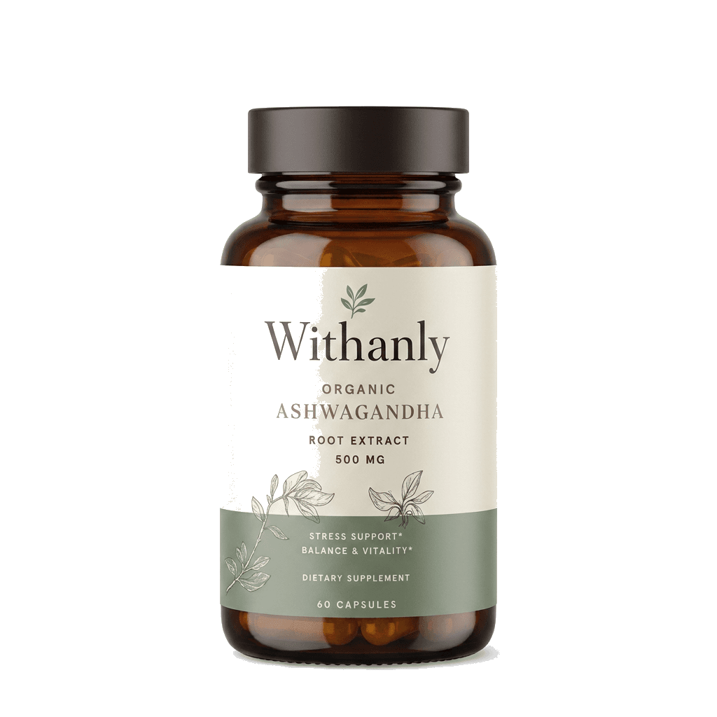 Withanly amber-glass bottle with cream paper label — organic ashwagandha root extract, 60 capsules