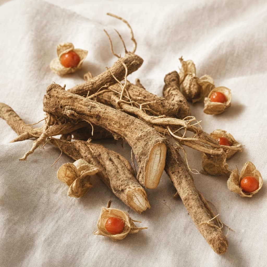Fresh dried ashwagandha root with small orange-red berries on cream linen