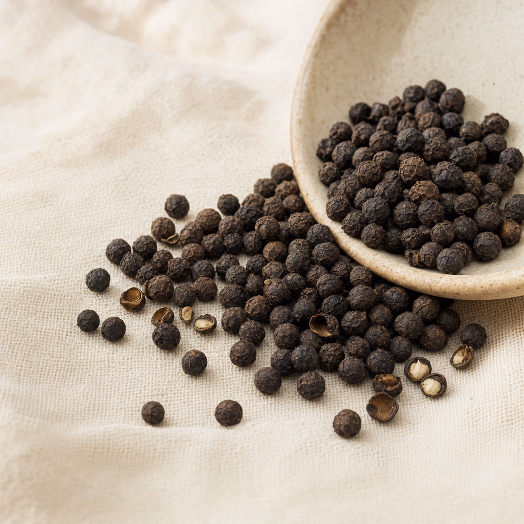Whole black peppercorns clustered on cream linen with a small ceramic spoon