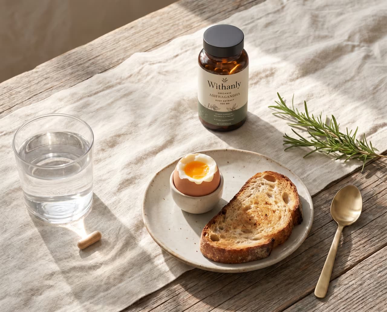 Top-down editorial breakfast scene with the Withanly bottle, a soft-boiled egg, a slice of sourdough, and a glass of water with a single capsule beside it on a sunlit cream linen runner