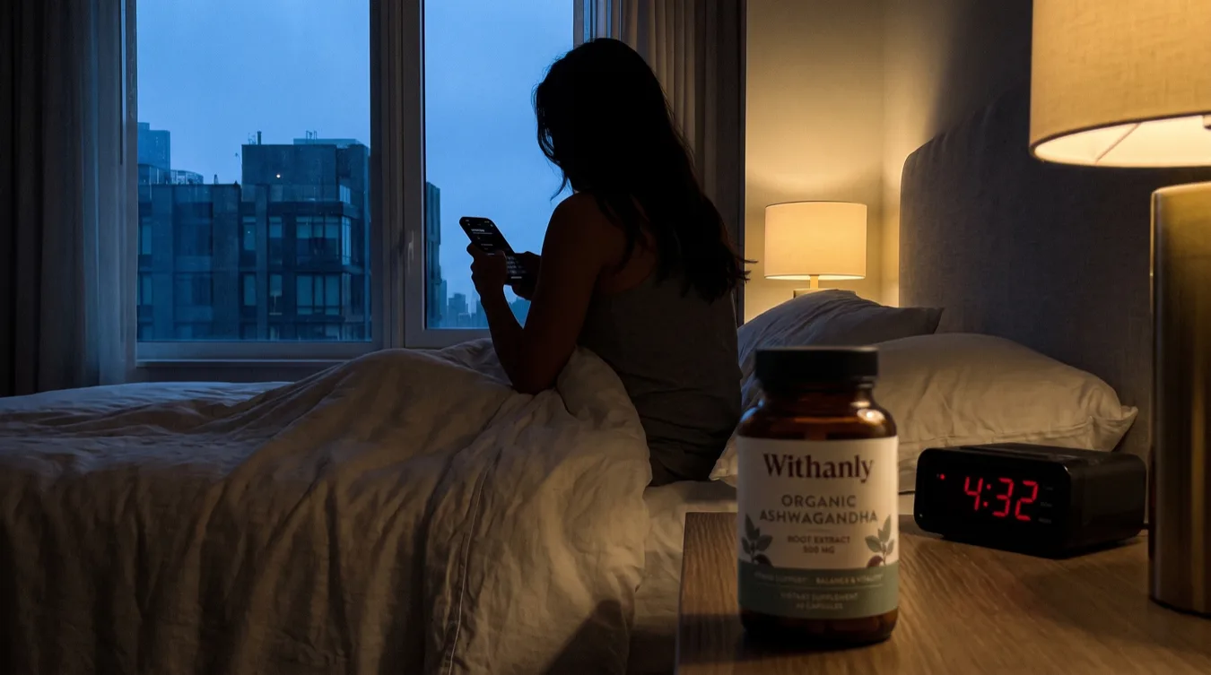 A woman's silhouette from behind, sitting up in bed checking her phone in the dark, a digital alarm clock reading 4:32 beside a softly out-of-focus Withanly bottle on the nightstand