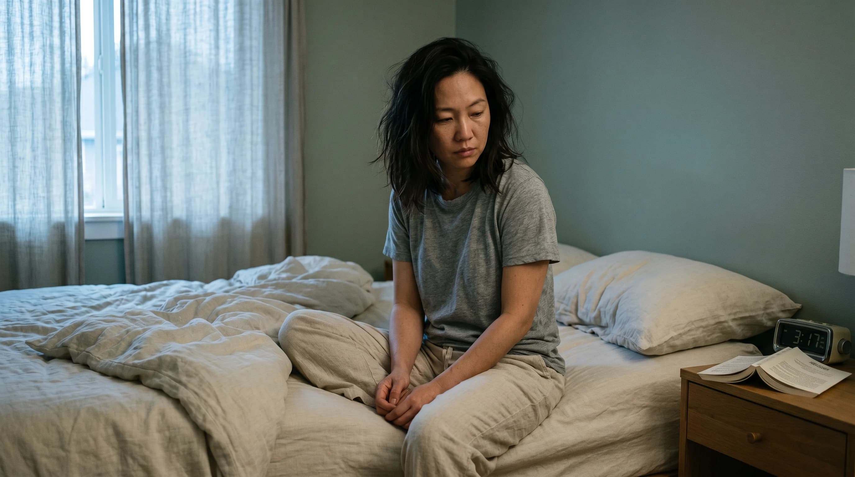 A woman in her late thirties lies awake in cream linen bedsheets in the early morning, lamplight warming the right side of the frame, an alarm clock on the nightstand