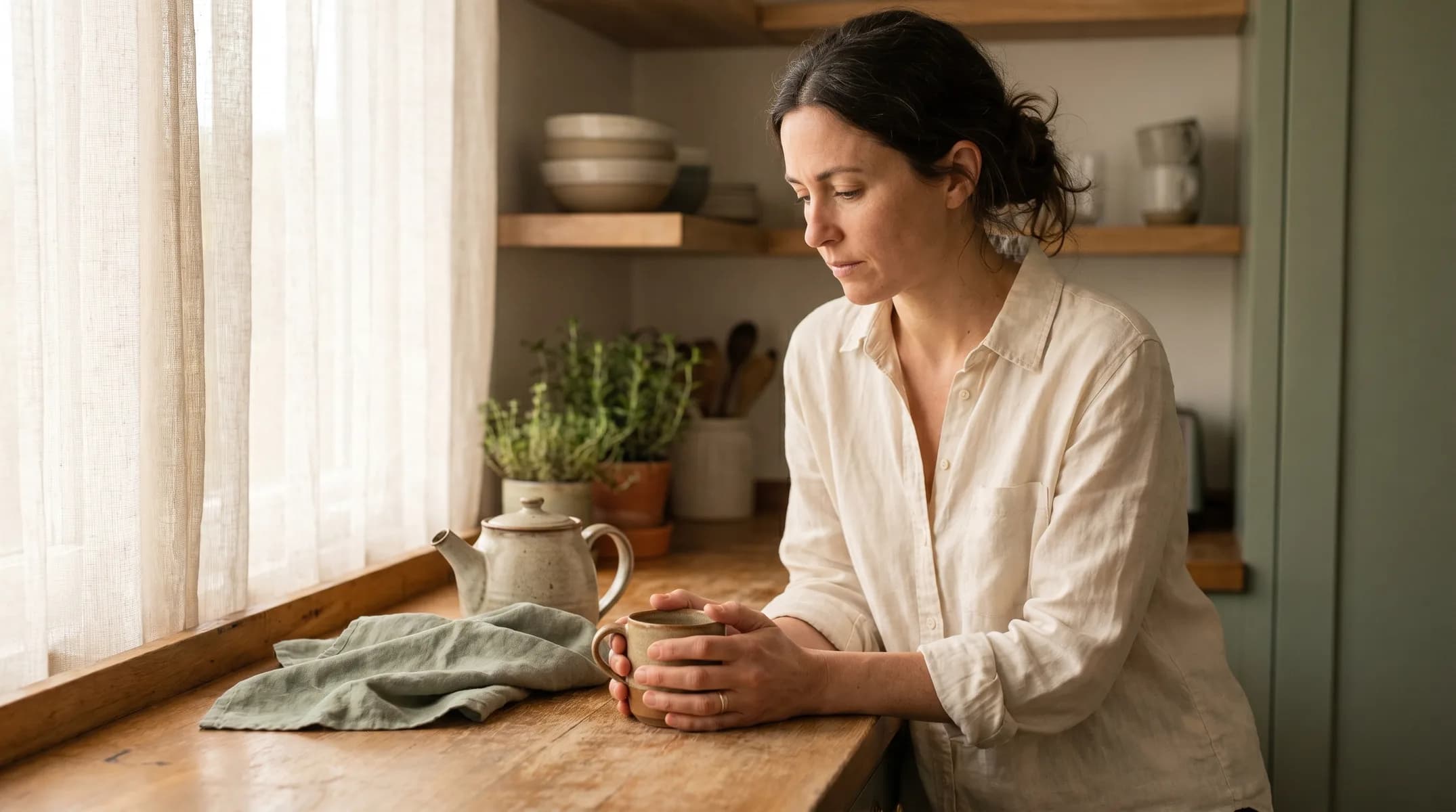 A woman in her late thirties sits at a kitchen counter in soft morning light, holding a ceramic mug, mid-thought