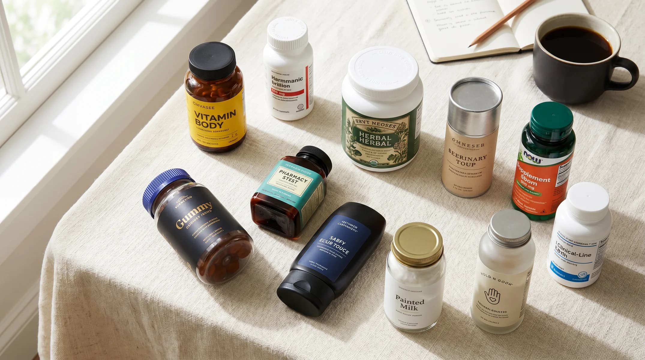 Eleven supplement bottles arranged on a cream linen surface in soft morning light