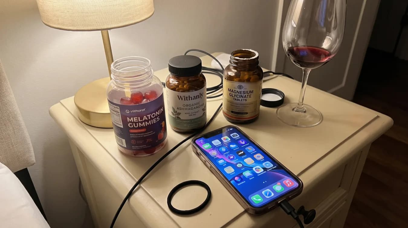 A cluttered nightstand at night: a half-empty melatonin gummy jar, a magnesium glycinate bottle with the cap off, a wine glass with a finger of red left, and a phone showing a grid of app icons, all under warm lamp light