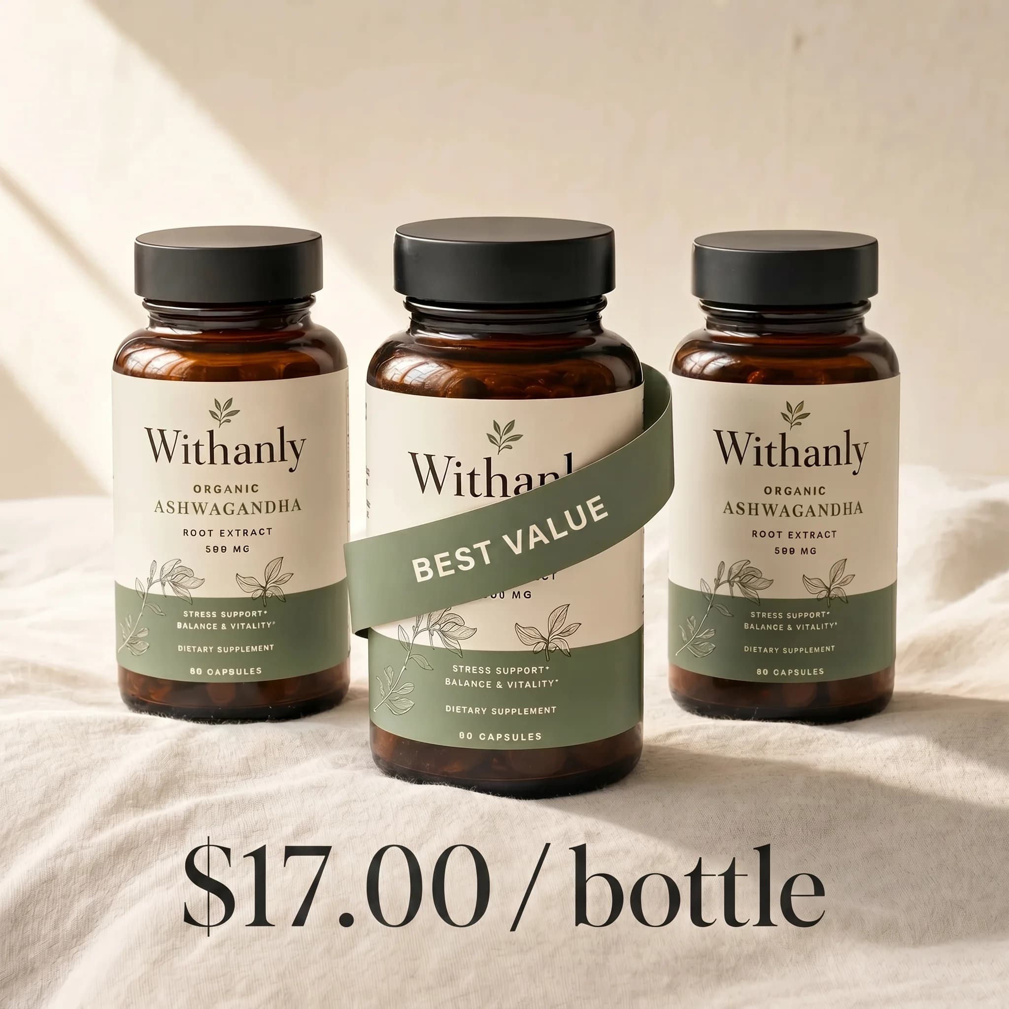 Three Withanly bottles on cream linen with a sage BEST VALUE ribbon, anchor pricing reading $17.00 per bottle on the 6-pack