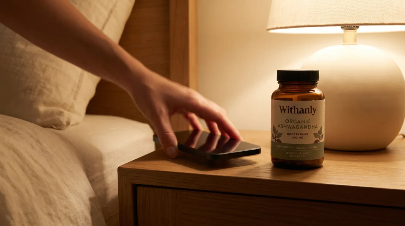 A woman's hand setting a phone face-down on the nightstand at 9:40pm beside a Withanly bottle, warm lamp light, cream linen bedding at the edge of frame