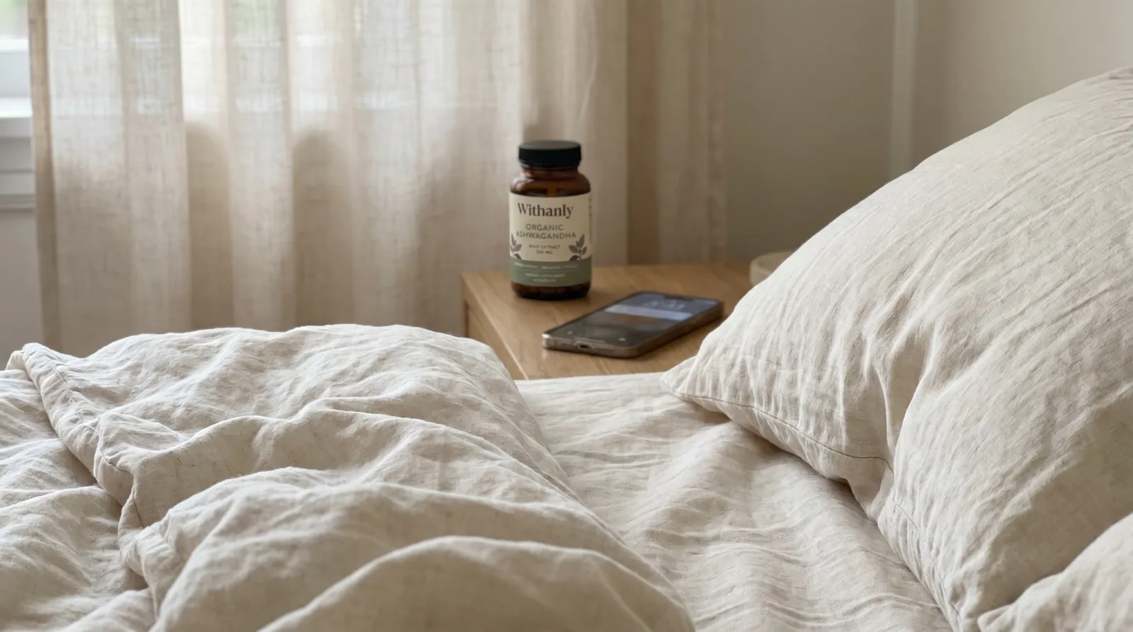 Rumpled linen bed in morning light with a Withanly bottle and phone on the nightstand